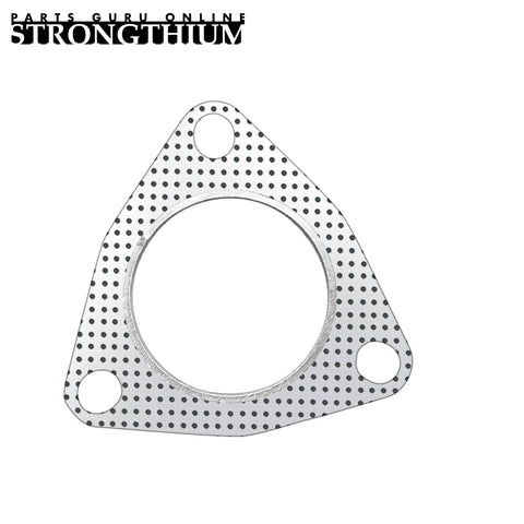 Front view: graphite 2.5-inch exhaust flange gasket with 3-bolt triangle pattern and 63.2mm bore.
