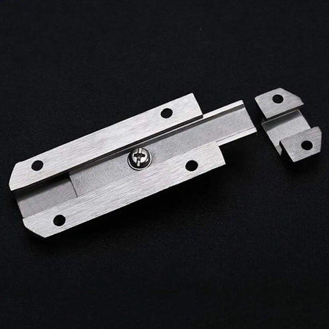 Rock Solid Sliding Bolt Door Lock With Smooth Auto Glide And Flat Barrel Profile For Patios Barn Doors And Gates Super Easy Surface Mount Security Hardware In Matte Silver Finish parts on black background.
