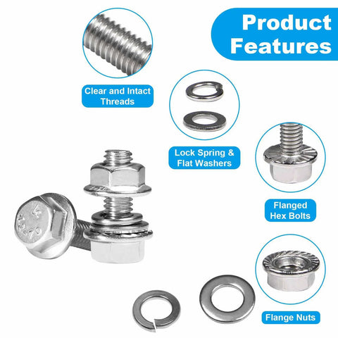 10 Sets 5/16-18 By 1 Inch Flanged Hex Bolts Kit With 5/16-18 Nuts Flat Washers And Spring Lock Washers In 304 Stainless Steel 18-8