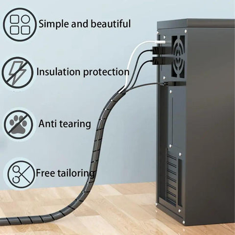 Spiral Cable Wrap 1/2 Inch Black, 23 Ft Long Wire Organizer for cable management on computer setup showing flexibility and protection.