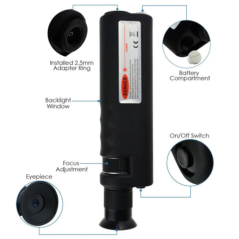 Handheld fiber optic inspection microscope with LED light, eyepiece, focus knob, and 2.5mm adapter ring
