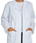 Women's Medical Lab Coat With Three Pockets Long Sleeve Button Front White Durable Cotton Polyester Blend Fade Resistant For Medical Pros, Comfortable Fit In Size Medium, front view