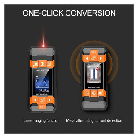 Ace Multifunction Stud Finder And Wall Scanner With Integrated Laser Rangefinder, Spot On Copper Pipe And Wire Detection, Crisp Backlit Screen For Hassle Free Home Renovation Projects showing laser distance and wall detection features.