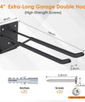 Beefy Heavy Duty Garage Hooks 8 Pack for Wall Mount Storage in black steel with dimensions and installation accessories shown.