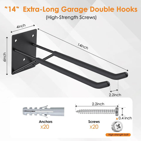 Beefy Heavy Duty Garage Hooks 8 Pack for Wall Mount Storage in black steel with dimensions and installation accessories shown.