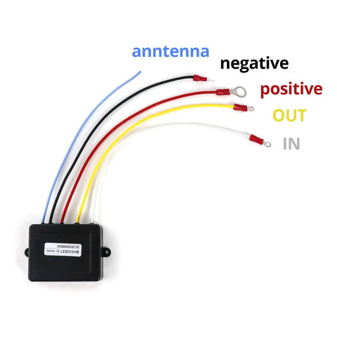 Wireless Winch Remote Kit For 12V DC Trucks, ATVs, And SUVs, wiring harness with labeled antenna, positive, negative terminals