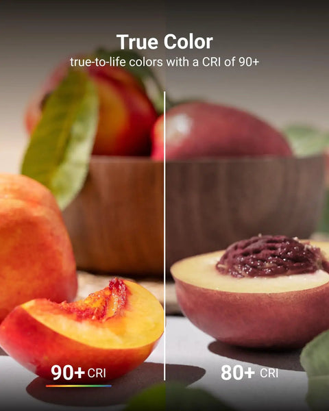 Comparison of fruit under 90+ CRI and 80+ CRI lighting showcasing color accuracy and vibrancy with 16 Pack GU24 LED A19 Light Bulbs 9W 800 Lumens 60W Equivalent Daylight 5000K Dimmable Twist Lock Base CRI 91 Instant On UL Listed Energy Saving Lamps No Fuss.