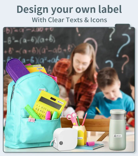 Compact Bluetooth Label Maker With Tape And Templates shown with a teal backpack, school supplies, and classroom background.