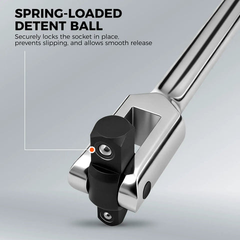 Close-up of Heavy Duty 10-Piece Dual Drive Breaker Bar Set With 360 Degree Rotatable Head, showing spring loaded detent ball and steel body.