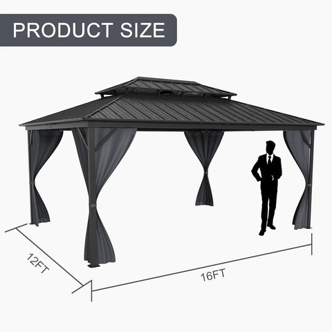 12x16 Hardtop Gazebo With Galvanized Steel Double Roof Heavy Duty Outdoor Pavilion With Netting And Curtains For Patio Backyard