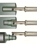Amazon single-edge U-drill with replaceable carbide insert; metallic shank and green adapter shown in three views.