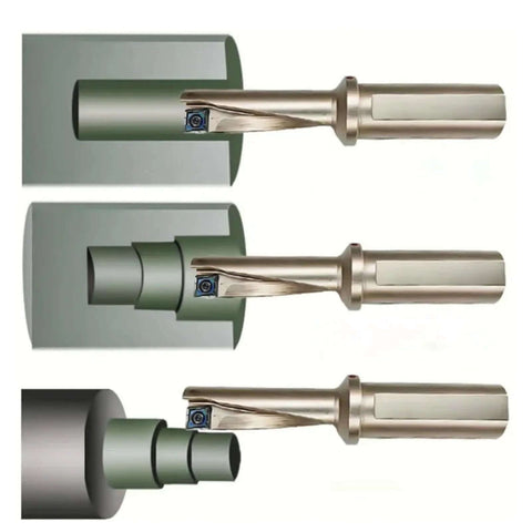 Amazon single-edge U-drill with replaceable carbide insert; metallic shank and green adapter shown in three views.