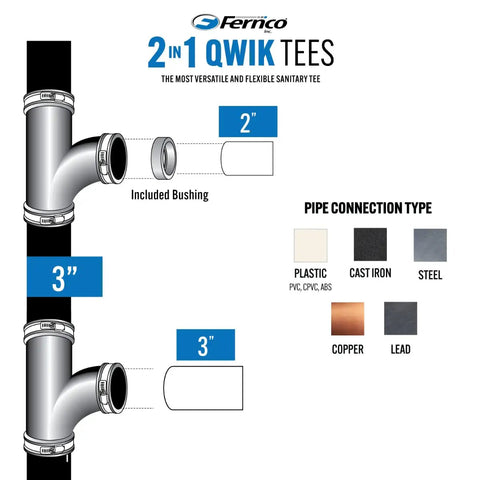 3 Inch Flexible PVC Tee With Optional 2 Inch Reducer Bushing For DWV Cast Iron Steel And Plastic Pipe Connections Built For Quick Drain Waste And Vent Fixes DIY Friendly, 3 in Qwik Tee with 2 in reducer