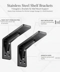Illustration of black stainless steel Beefy Shelf Brackets For Wall Mounts, Triangular L-Brackets with installation hardware details.