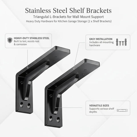 Heavy Duty Stainless Steel Triangular Shelf Brackets 2 Pack, L Shaped Wall Mount Supports For Kitchen And Garage Storage Shelves