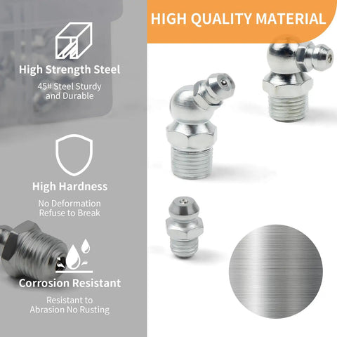 All In One Grease Fittings Assortment Kit 105 Pcs SAE And Metric Zerk Fittings Set for Auto and Machinery close-up