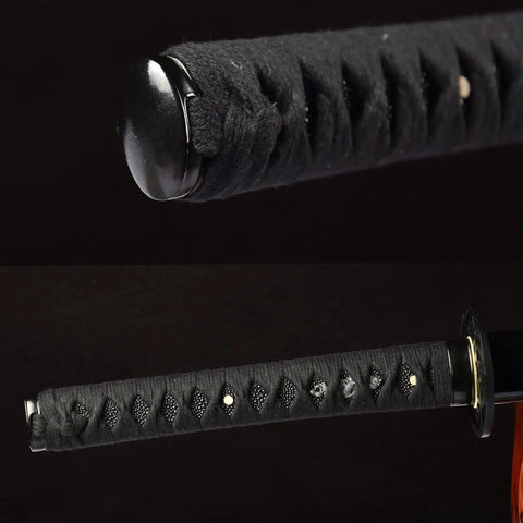 Handcrafted Practice Katana With Full Tang Blunt Blade For Dojo Training handle with black wrapping and details