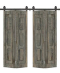 Front view of 56 in by 84 in Three Panel Shaker Hollow Core Weather Gray Pine Wood Double Bi Fold Door with Sliding Barn Door Hardware