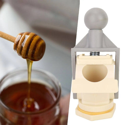 Ergonomic Honey Gate Valve with Ball Handle Plastic Tap beside honey dipper pouring into jar.