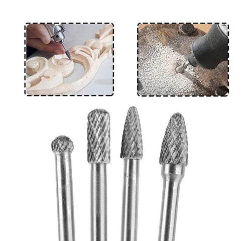 Front view: Four tungsten carbide rotary burrs with 6mm shanks, 150-160mm length for woodworking, carving and engraving.