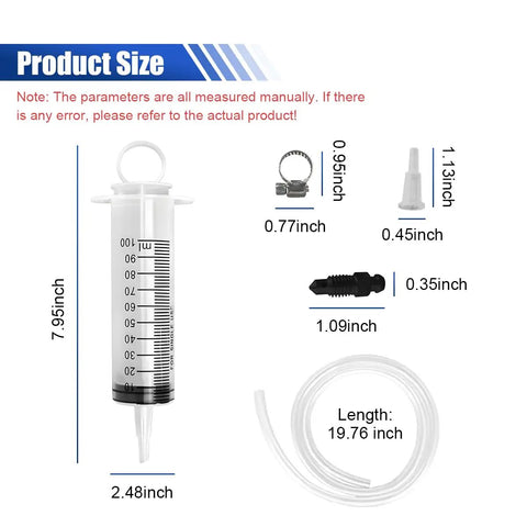 Universal Brake Bleeder Kit With 100Ml Syringe And 50Cm Hose for hydraulic fluid drain, includes syringe and connectors.