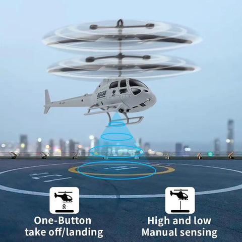Two Pack RC Attack Helicopters For Kids And Teens, Army Style, hovering with sensors on a helipad.
