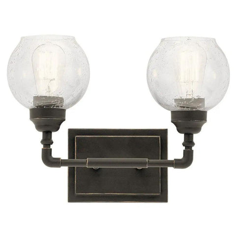 14.75 Inch Two Light Bath Vanity Light in Olde Bronze with Clear Seeded Glass, industrial vintage look, damp location rated