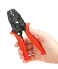 Hand holding Ratchet Crimping Pliers For 0.3-5.5mm Insulated And Bare Terminals, heavy duty high carbon steel, ergonomic handle.