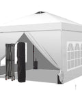 10x10 Pop Up Canopy Tent With Four Sidewalls One Push Setup for Quick No Tool Outdoor Shade Silver Coated Canopy Includes Sandbags Ideal for Parties Events Camping and Beach White