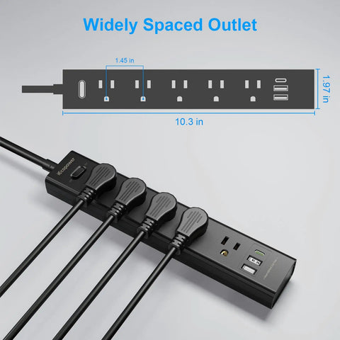 8 In 1 Surge Protector Power Strip With 5 Widely Spaced Outlets 3 USB Ports Including USB C Port 1250 Watt 10 Amp 5 Ft Extension Cord Wall Mountable For Home Office Black, black strip with 5 outlets and 3 USB ports