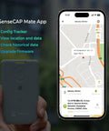 Display of T1000A GPS Tracker With Temperature Light Motion Sensors LoRaWAN Bluetooth And WiFi Panic Button and app interface.