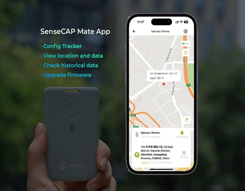 Display of T1000A GPS Tracker With Temperature Light Motion Sensors LoRaWAN Bluetooth And WiFi Panic Button and app interface.