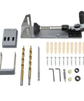 No Sweat Precision Pocket Hole Jig System Dead On Drill Depth Control tool set including drills, screws, and dowels for DIY cabinet joinery.