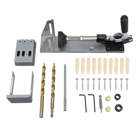 No Sweat Precision Pocket Hole Jig System Dead On Drill Depth Control tool set including drills, screws, and dowels for DIY cabinet joinery.