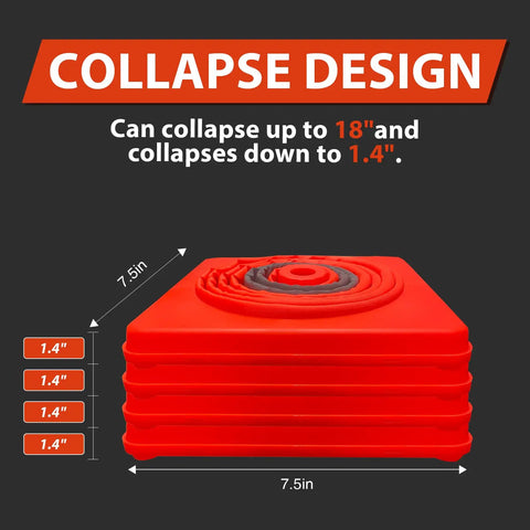 Collapsible 18 Inch Orange Traffic Cones Set Of 5 With Reflective Strips stacked flat, showing compact storage design.