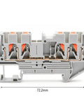 10 Piece Four Wire Terminal Block Set With 2.5mm² Spring Clamp For DIN Rail Mounting, shown with dimensions, side view.