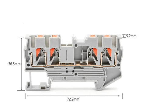 10 Piece Four Wire Terminal Block Set With 2.5mm² Spring Clamp For DIN Rail Mounting, shown with dimensions, side view.