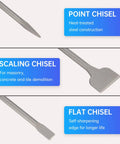 16 Inch 3 Piece Masonry Chisel Set SDS Max Shank Compatible Heavy Duty Rotary Hammer Drill Kit With Flat Chisel Point Chisel Scaling Chisel