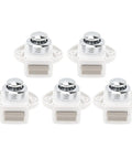 Push Button Latch Set for Cabinets and Drawers, Zinc Alloy Keyless Cupboard Locks Pack of 5, top view, white base, fits 14 to 16mm doors