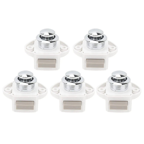 Push Button Latch Set for Cabinets and Drawers, Zinc Alloy Keyless Cupboard Locks Pack of 5, top view, white base, fits 14 to 16mm doors