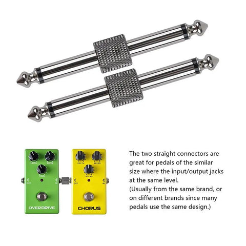 Two straight Guitar Pedal Patch Connectors One Quarter Inch Male To Male Four Pack with pedals for pedalboard space saving