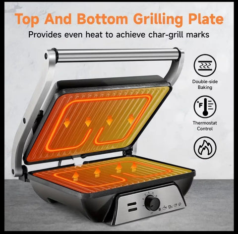 Heavy Duty 1000W Electric Panini Press Grill With Non Stick Plates showing internal grilling plates designed for even heat.