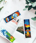 Camping Theme DIY Cross Stitch Bookmark Kit For Beginners, 6 Pack With Mountain View Motifs displayed on an open book