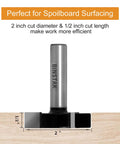 CNC Spoilboard Surfacing Router Bit With Half Inch Shank, 2 Inch Cutting Diameter, Half Inch Cut Length, side view
