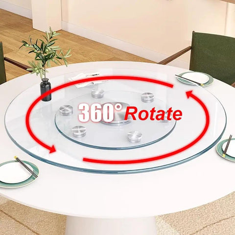 Built Tough Heavy Duty Tempered Glass Lazy Susan Turntable with smooth 360° rotation on a dining table.