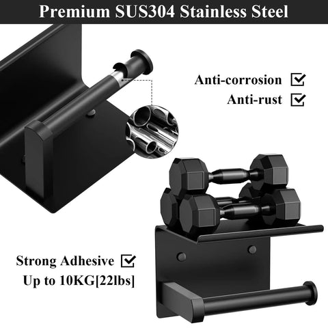 Close-up of Toilet Paper Holder With Shelf And Towel Hooks Wall Mount Easy Install Adhesive Or Screw Mount Stainless Steel Matte Black Bathroom Organizer Kit With Phone Shelf Rust Resistant Dope Storage Solution showcasing anti-rust and strong adhesive features.