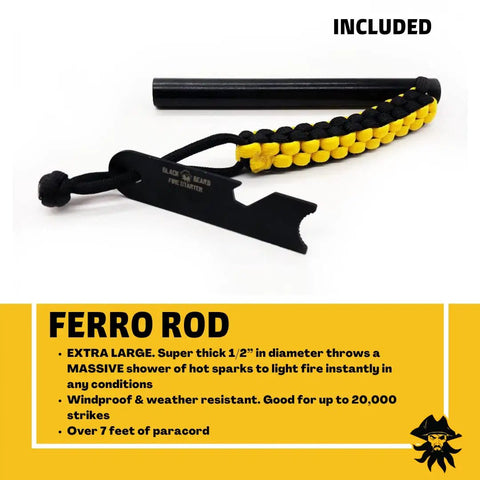 Campfire Fire Starter Kit With Rope And Ferro Rod, Easy Spark System showing extra-large ferro rod with black and yellow paracord
