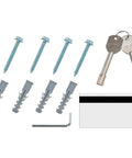 Hotel Safe With Electronic Lock And Card Slot Keyed Differently Off White 15W X 10D X 7H Wall Or Floor Mount Magnetic Stripe Card Reader Battery Operated With Mechanical Override Keys No Fuss Security installation parts, including keys, screws, wall anchors, and magnetic stripe card.