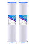 Two PurePlus water filters labeled as 20 Inch By 4.5 Inch Heavy Duty Whole House Pleated Sediment Filter For Well Water Replacement Cartridge 2 Pack Fits ECP5 BB AP810 2 HDC3001 SPC 45 1005 CP5 BB ECP1 20BB.