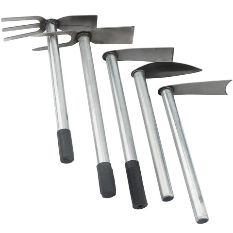 Complete 5 Piece Garden Tool Set With Hoe And Cultivator Hand Tiller Heavy Duty Carbon Steel Digging Tools For Weeding Loosening Soil And Planting In Home Or Yard Gardens, showcasing five different hoes and cultivators with black grips and long handles.